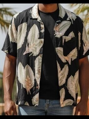 Boca Classics Island Wear Men's Black Tropical Leaf Print Hawaiian Shirt XXL